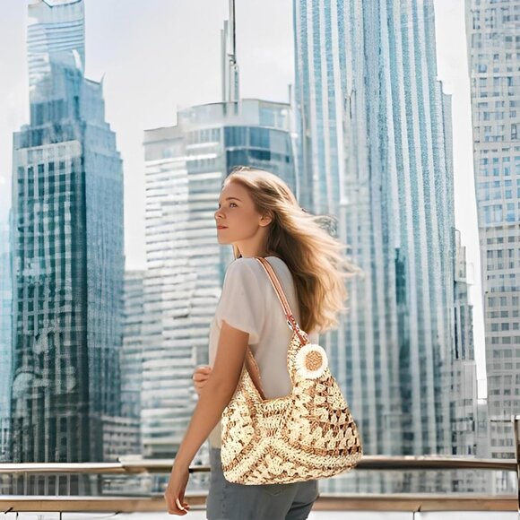 Women's Khaki Straw Beach Bag Vintage Hobo Shoulder Tote - Summer Bag for Travel - Picture 5 of 5